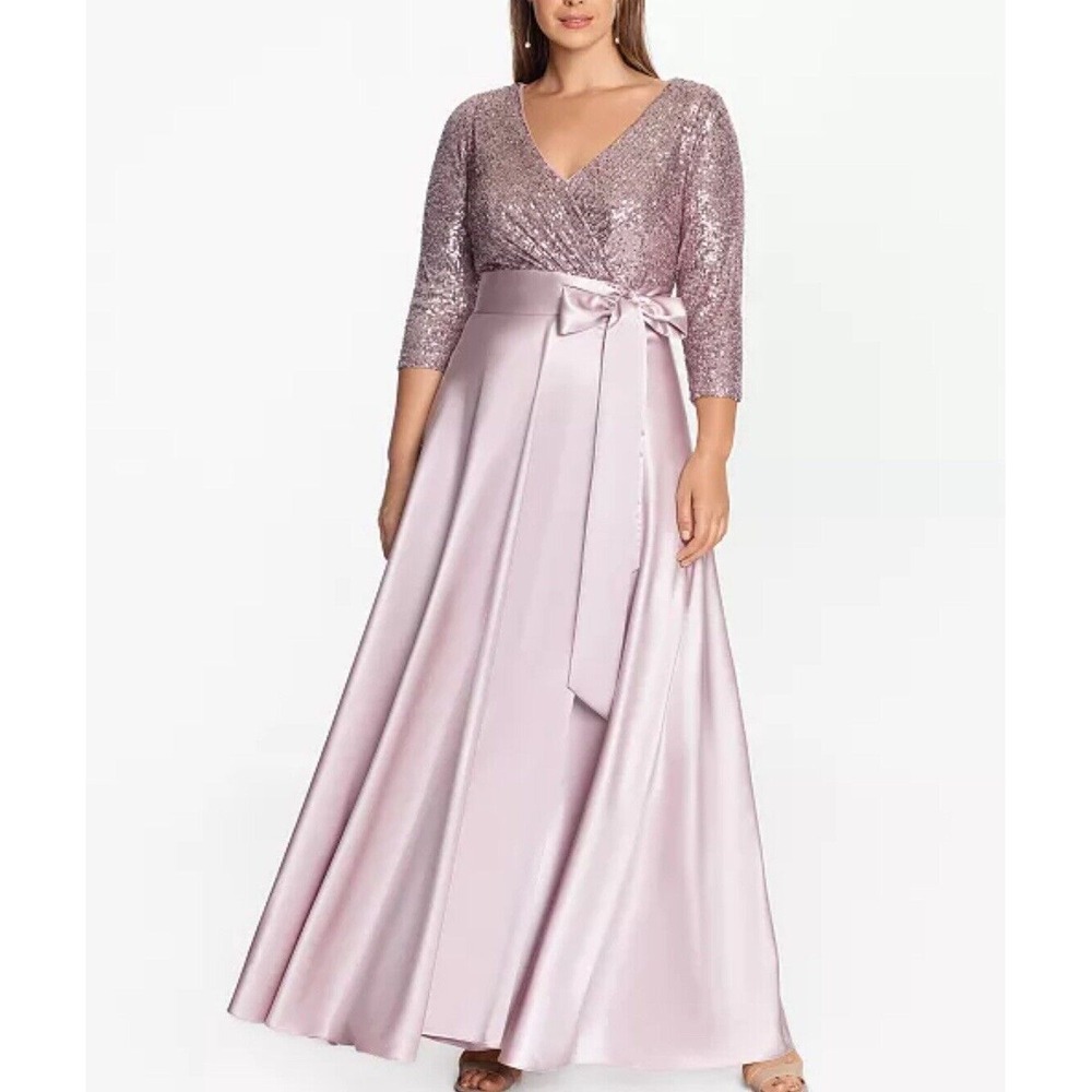 Xscape 3/4 Sleeve Sequin‎ Top Stain Ballgown Mauve Size 12 Bow Formal Wedding